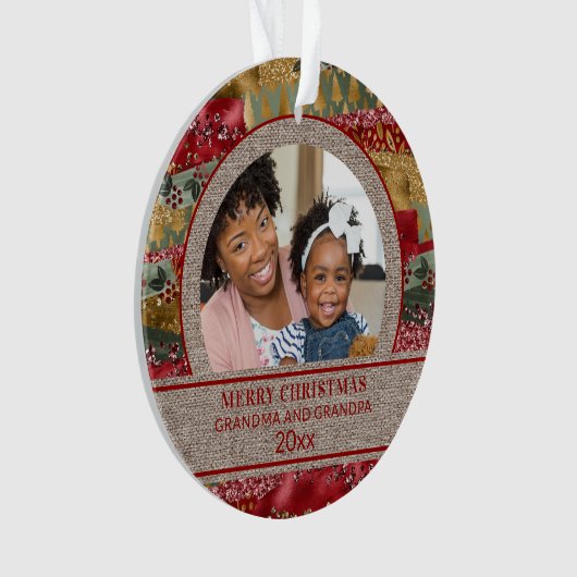 Xmas Oma Opa Rotes Gold Grünes Brot Burlap Ornament (Vorderseite)