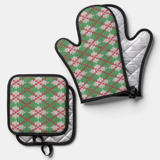 XMAS RAUTE STRICK Oven Mitt & Pot Holder Set (Vorderseite/Rückseite)