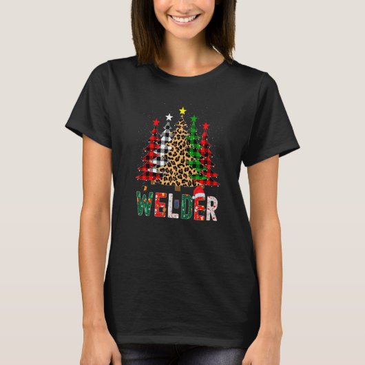 Xmas Santa Welder Leopard Plaid Print Christmas Tr T-Shirt (Vorderseite)