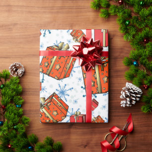 Xmas Scandi Snowflakes Red Packages Umschlagpapier Geschenkpapier
