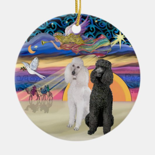 Xmas Star - Zwei Standard Poodles (W+Blk) Keramikornament (Vorne)