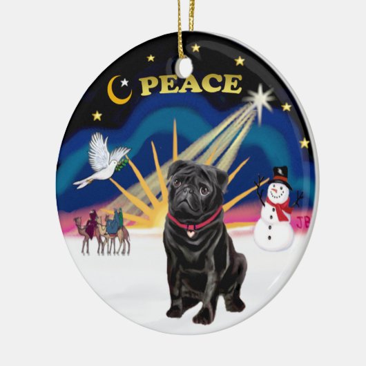Xmas Sunrise - Schwarzer Mops Keramik Ornament (Links)