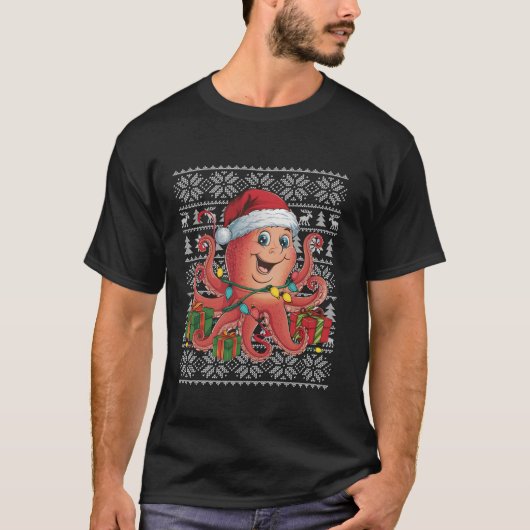 Xmas Sweater Style Ugly Weihnachtsmannmütze Octopu T-Shirt (Vorderseite)