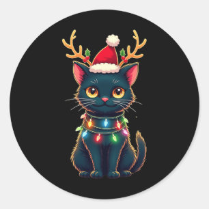 Xmas T-Shirt Rentier Black Niedlich Cat Weihnachts Runder Aufkleber