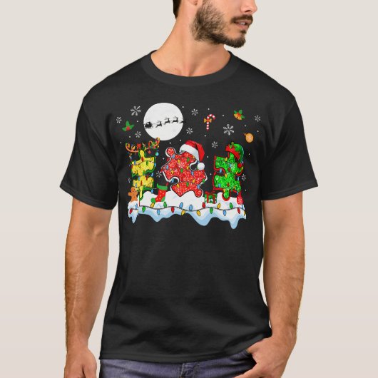 Xmas Three Santa Reindeer Elf Autism Awareness Puz T-Shirt (Vorderseite)