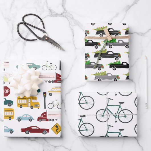Xmas Traffic Cars Trucks Bikes Variety Pack Geschenkpapier Set (Vorderseite)