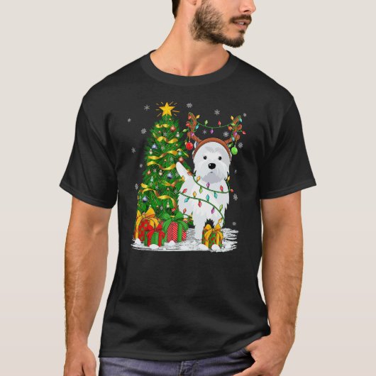 Xmas Tree Lighting Reindeer Westie Dog Christmas T-Shirt (Vorderseite)