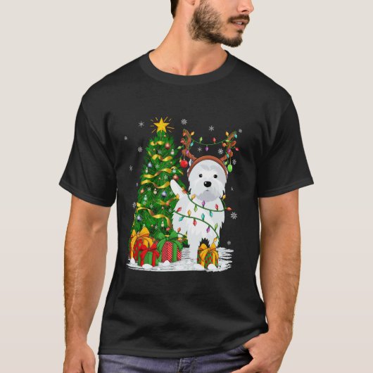 Xmas Tree Lighting Rentier Westie Hund Weihnachten T-Shirt (Vorderseite)