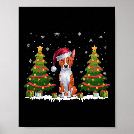 Xmas Tree Lights Basenji Dog Weihnachtsmannmütze W Poster (Vorne)