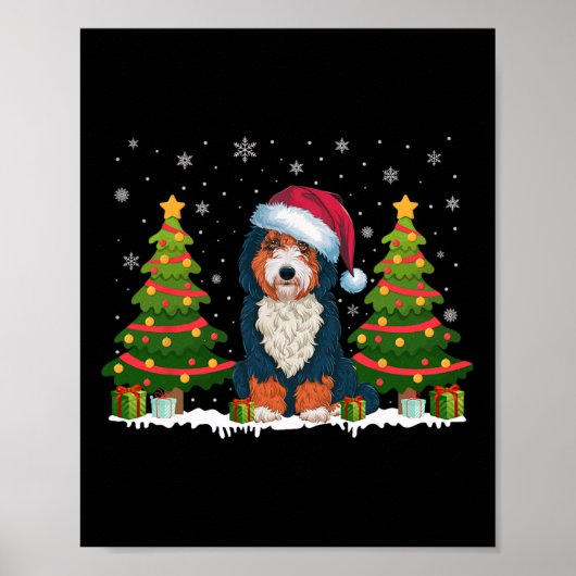 Xmas Tree Lights Bernedoodle Dog Weihnachtsmannmüt Poster (Vorne)