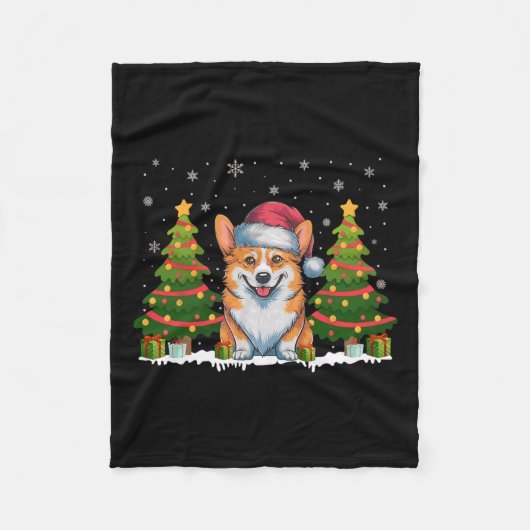Xmas Tree Lights Corgi Dog Weihnachtsmannmütze Wei Fleecedecke (Vorderseite)