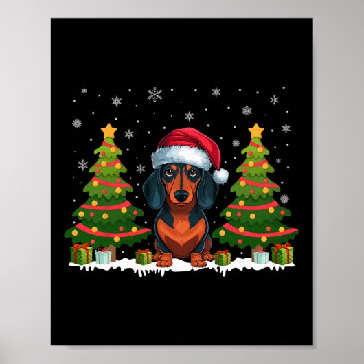 Xmas Tree Lights Dackel Hund Weihnachtsmannmütze W Poster (Vorne)