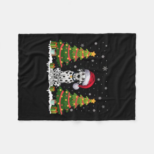 Xmas Tree Lights Dalmatiner Hund Weihnachtsmannmüt Fleecedecke (Vorderseite (Horizontal))