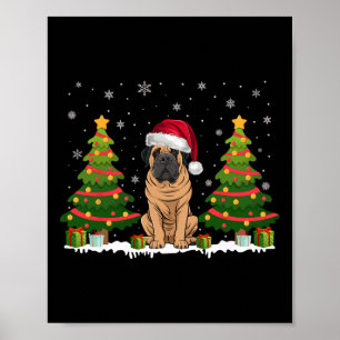 Xmas Tree Lights Mastiff Dog Weihnachtsmannmütze W Poster