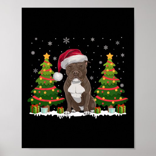 Xmas Tree Lights Pitbull Weihnachtsmannmütze Weihn Poster (Vorne)