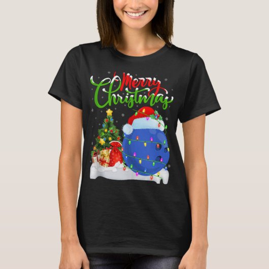 Xmas Tree Lights Santa Hat Bowling Ball Christmas T-Shirt (Vorderseite)