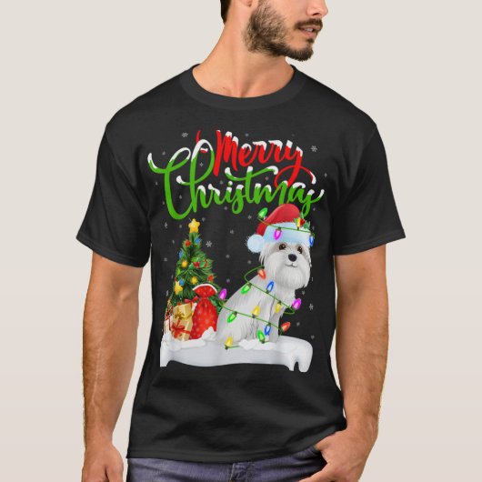Xmas Tree Lights Santa Hat Maltese Dog Christmas T T-Shirt (Vorderseite)