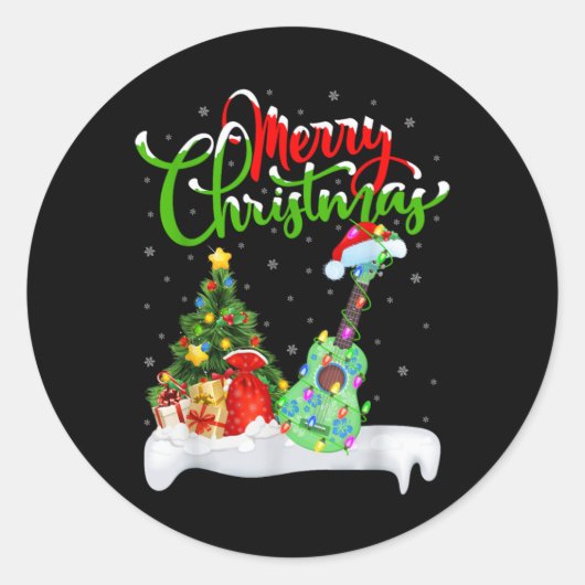 Xmas Tree Lights Santa Hat Musical Ukulele Guitar  Runder Aufkleber (Vorderseite)