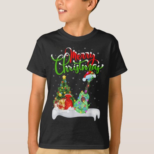 Xmas Tree Lights Santa Hat Musical Ukulele Guitar T-Shirt (Vorderseite)