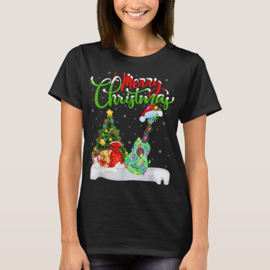 Xmas Tree Lights Santa Hat Musical Ukulele Guitar T-Shirt (Vorderseite)