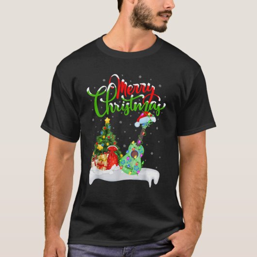 Xmas Tree Lights Santa Hat Musical Ukulele Guitar T-Shirt (Vorderseite)