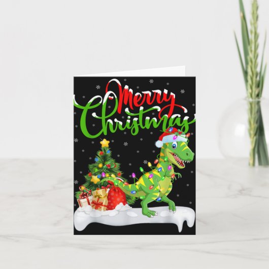 Xmas Tree Lights Santa Hat T Rex Dinosaur Christma Karte (Vorderseite)