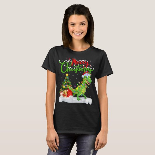 Xmas Tree Lights Santa Hat T Rex Dinosaur Christma T-Shirt (Vorne ganz)