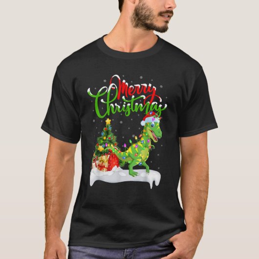 Xmas Tree Lights Santa Hat T Rex Dinosaur Christma T-Shirt (Vorderseite)