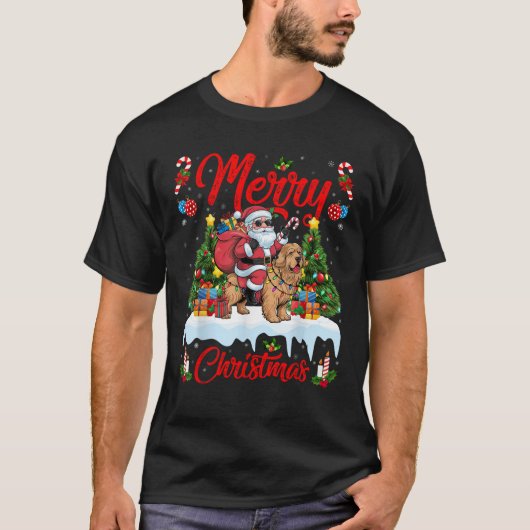 Xmas Tree Lights Santa Riding Golden Retriever Dog T-Shirt (Vorderseite)
