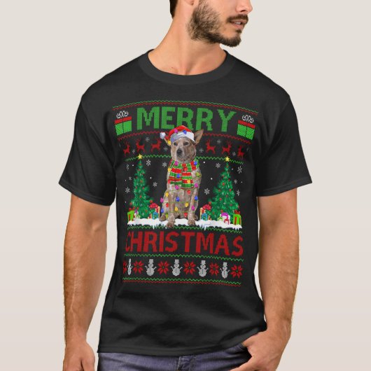 Xmas Tree Lights Ugly Santa Australian Cattle Dog T-Shirt (Vorderseite)