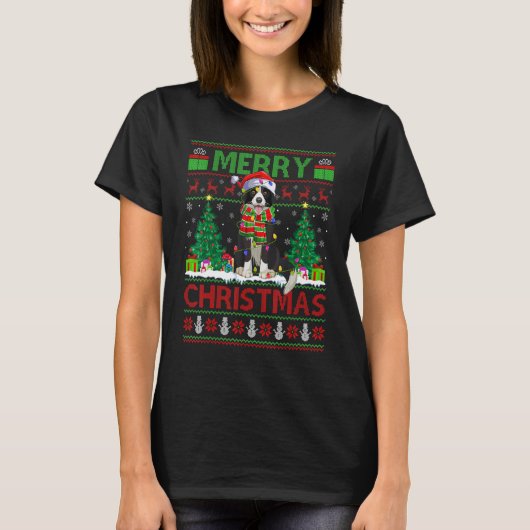 Xmas Tree Lights Ugly Santa Border Collie Dog Chri T-Shirt (Vorderseite)
