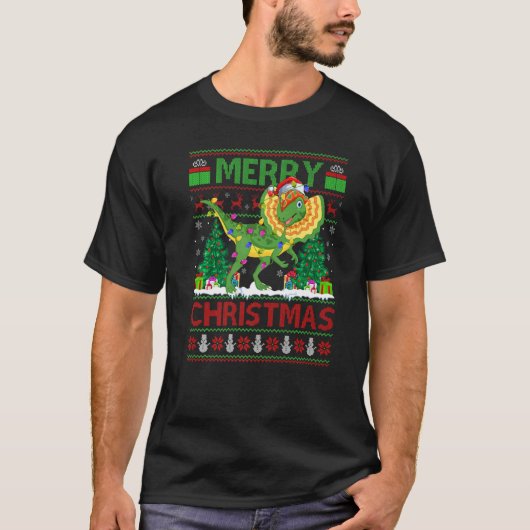 Xmas Tree Lights Ugly Santa Dilophosaurus Dinosaur T-Shirt (Vorderseite)