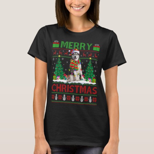 Xmas Tree Lights Ugly Santa Malamute Dog Weihnacht T-Shirt (Vorderseite)