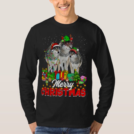 Xmas Tree Lights Weihnachts Pajama Wolf Animals Lo T-Shirt (Vorderseite)