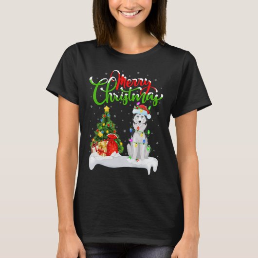 Xmas Tree Lights Weihnachtsmannmütze Siberian Husk T-Shirt (Vorderseite)