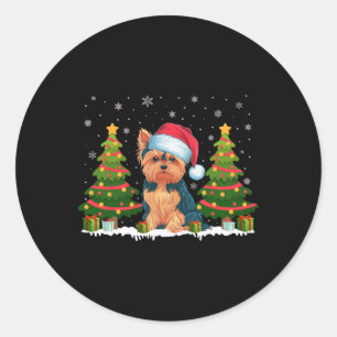 Xmas Tree Lights Yorkie Dog Weihnachtsmannmütze We Runder Aufkleber