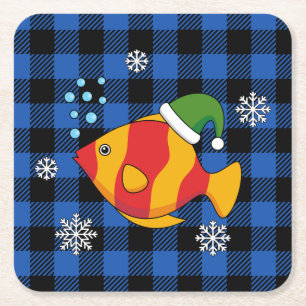 Xmas Tropischer Cartoon auf Blue Buffalo Muster Rechteckiger Pappuntersetzer