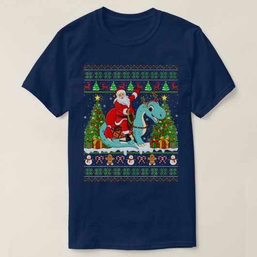 Xmas Ugly Santa Riding Brontosaurus Dinosaur Chris T-Shirt (Design vorne)