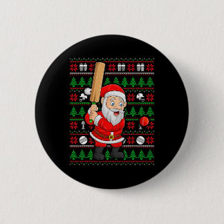 Xmas Ugly Sweater Style Santa Playing Cricket Chri Button