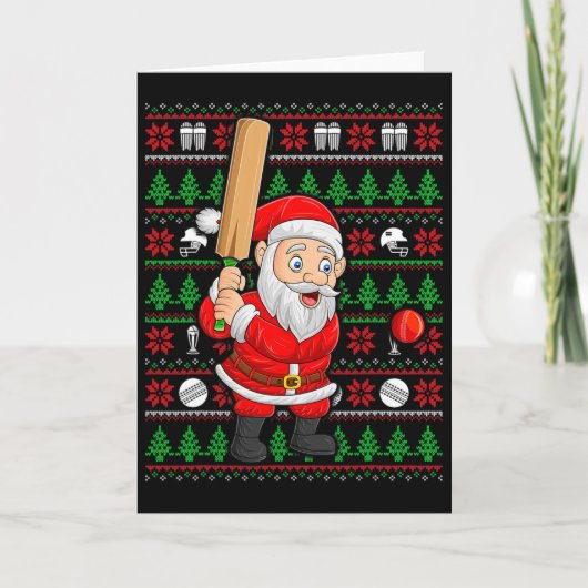 Xmas Ugly Sweater Style Santa Playing Cricket Chri Karte (Vorderseite)