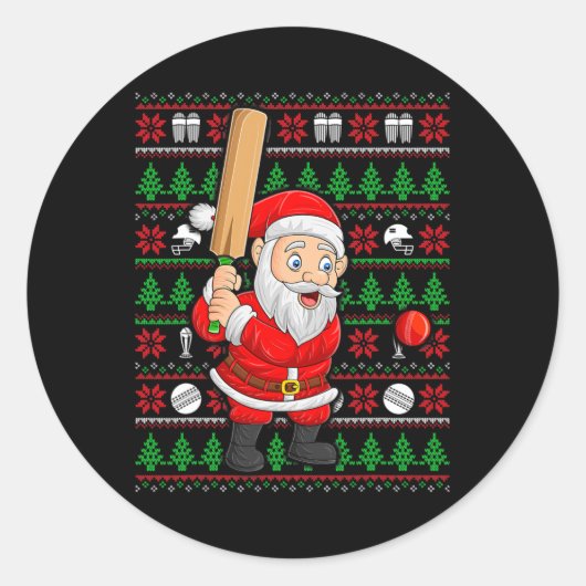 Xmas Ugly Sweater Style Santa Playing Cricket Chri Runder Aufkleber (Vorderseite)