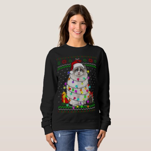Xmas Ugly Sweater Weihnachtsbeleuchtung Cat Kitten Sweatshirt (Vorne ganz)