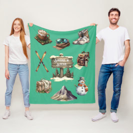 Xmas Vintag Retro Ski Couple Outdoor Minze Green Fleecedecke