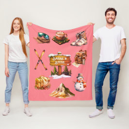 Xmas Vintag Retro Ski Paar Outdoor Blush Pink Fleecedecke