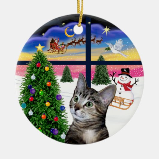 Xmas Window - Brown Tabby Tiger cat Keramik Ornament (Vorne)