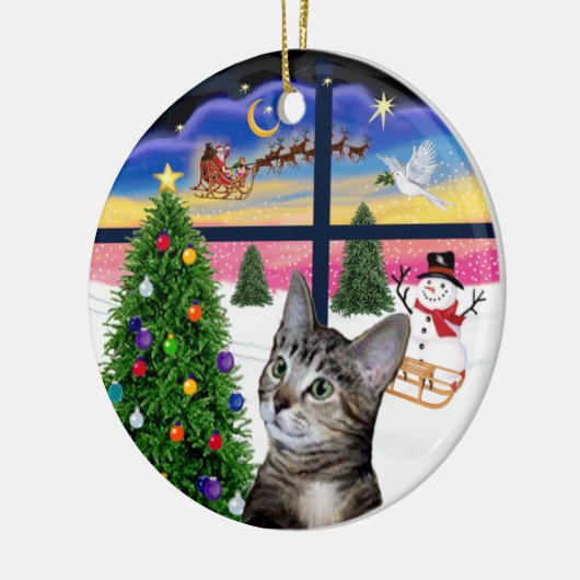 Xmas Window - Brown Tabby Tiger cat Keramik Ornament (Links)