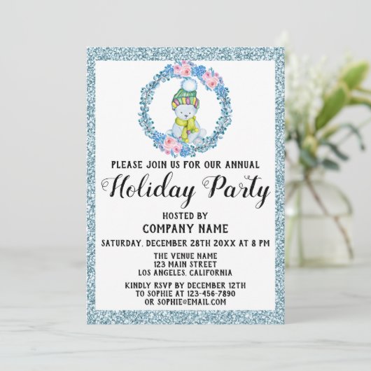 Xmas Wreath Company Holiday Party Blue Glitzer Einladung (Stehend Vorderseite)