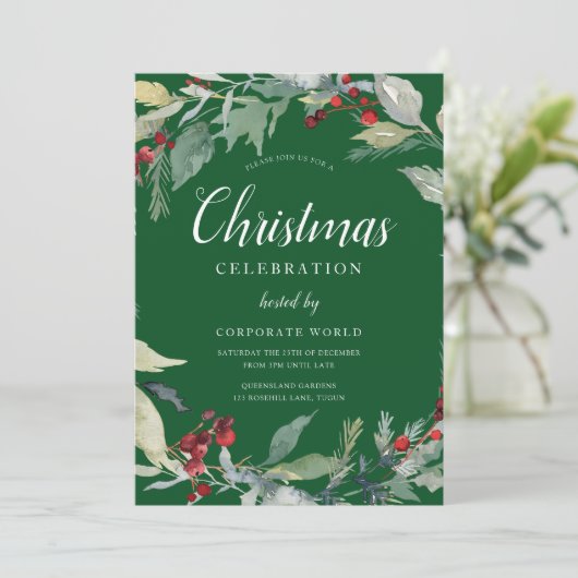 Xmas Wreath Corporate Green Christmas Party Einladung (Stehend Vorderseite)