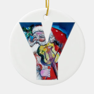 XMAS Y SCHREIBEN /SANTA CLAUS MIT VIOLIN MONOGRAMM KERAMIKORNAMENT