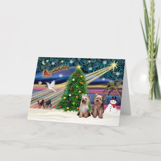 XmasMagic-Yorkshire Terriers (zwei) Feiertagskarte (Vorderseite)